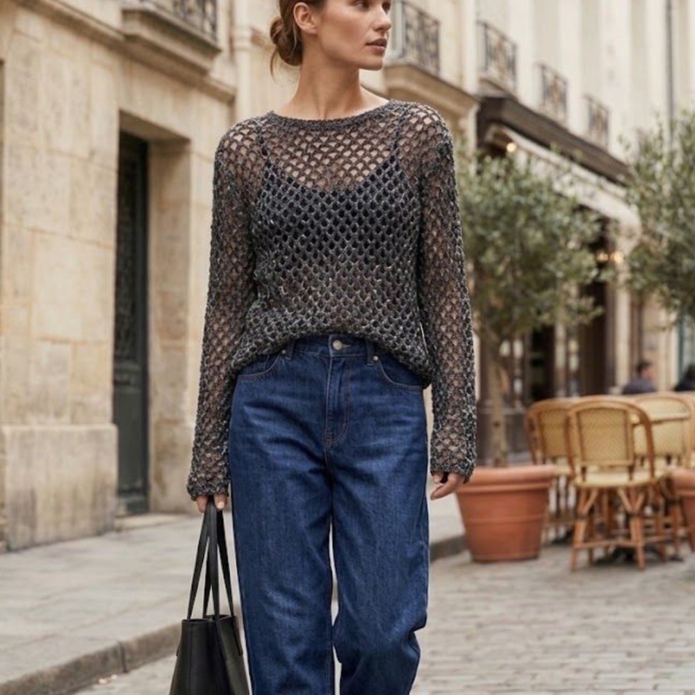 Brochu Walker Marled Gray Open Knit Wool Blend Sweater Medium Boho Chic Layering